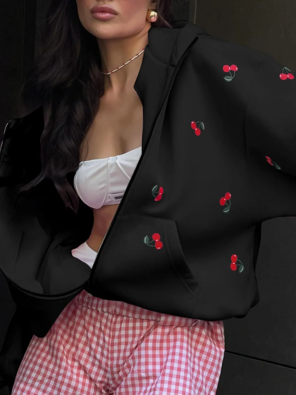 Xunger Women's Cute Cherry Hoodie Long Sleeve Zip Up Printed Jacket Oversized Warm Sweatshirt with Pocket