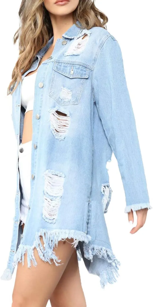 xxxiticat Women's Oversized Button Down Long Jean Jacket Boyfriend Style Back Hollow Out Distressed Ripped Denim Jackets