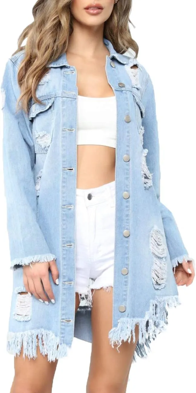 xxxiticat Women's Oversized Button Down Long Jean Jacket Boyfriend Style Back Hollow Out Distressed Ripped Denim Jackets