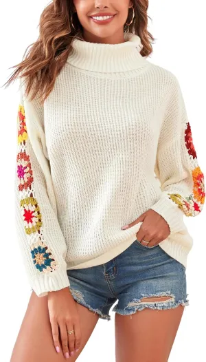 ZAFUL Flower Crochet Turtleneck Sweater for Women Pullover Puff Long Sleeve Boho Knit Sweaters Trendy Knitwear Tops