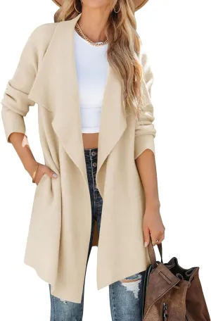 ZESICA Women's Casual Lapel Cardigan Long Sleeve Open Front Irregular Hem Soft Knitted Sweater Coat with Pockets